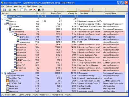 главное окно программы process explorer